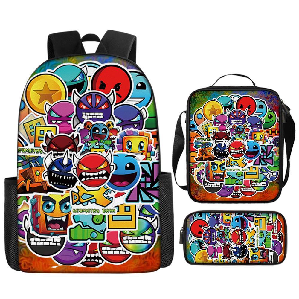 Cartoon Geometry Dash Kinder Schulrucksack mit Umhängetasche Federmäppchen Schultaschen für Jungen Mädchen Bestes Geschenk