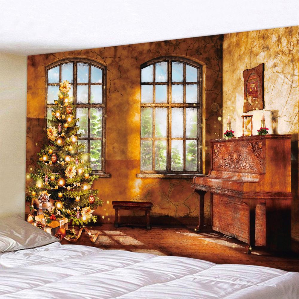Home Decor Christmas Fireplace Art Print Tapestry Christmas Tree Wall Hanging Bedroom Living Room Wall Decor Backdrop Fabric