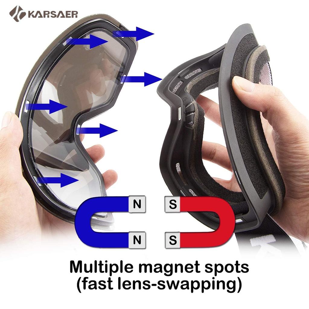 Karsaer Snowboarding and Skiing Goggles with Magnetic Upgraded OTG Double UV Glasses Lightweight and Impact Unisex Sports Goggles for Hiking and