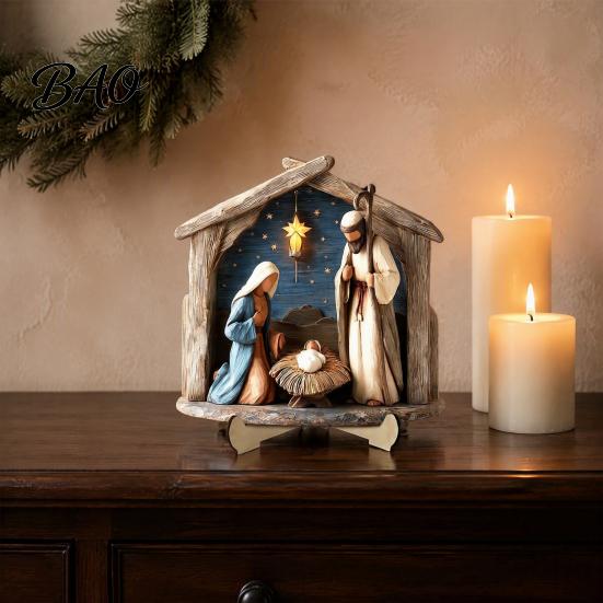 Christmas Manger Tabletop Ornaments Nativity Scene Wooden Sign, Holy Family Figurine Decor, Handcrafted Wood Figurines Religious Xmas Desktop