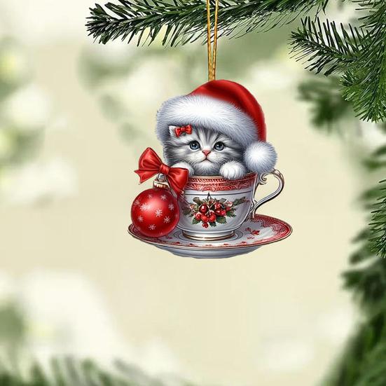 Acrylic Teacup Cat Hanging Ornaments Cute Cartoon Cat Christmas Ornament 2D