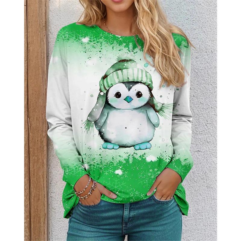 Autumn Winter Penguin Pattern Women T-Shirts Long Sleeve 3D Printed Christmas Style Street Ladies T Shirt 3XL Plus Size Tops
