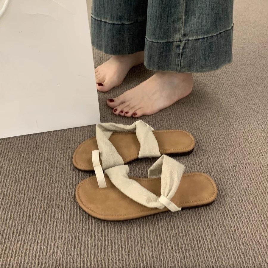 Two-way Linen One-word with Sleeve-toe Sandals Women's Summer Vacation Style Leisure Beach Roman Shoes Outside Slippers