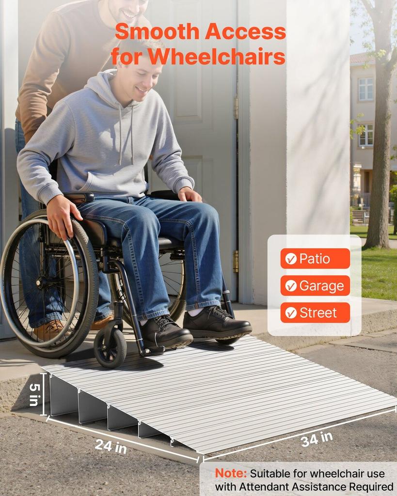 Door Threshold Ramp, 138 mm Rise, Aluminum Alloy Threshold Ramp Rated 363 kg Load Capacity, Handicap Ramps for Home Steps for Wheelchair, Scooters,