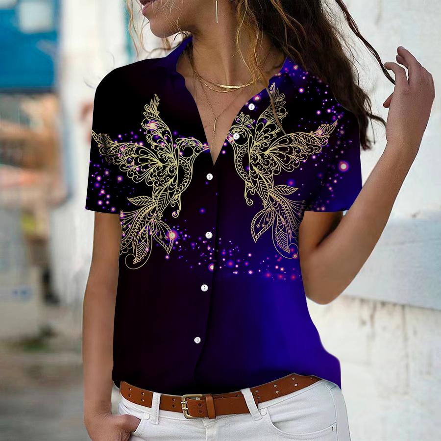 

Лето 2023, новая модная женская парная рубашка с коротким рукавом с принтом и v-образным вырезом, повседневная рубашка на пуговицах, топ