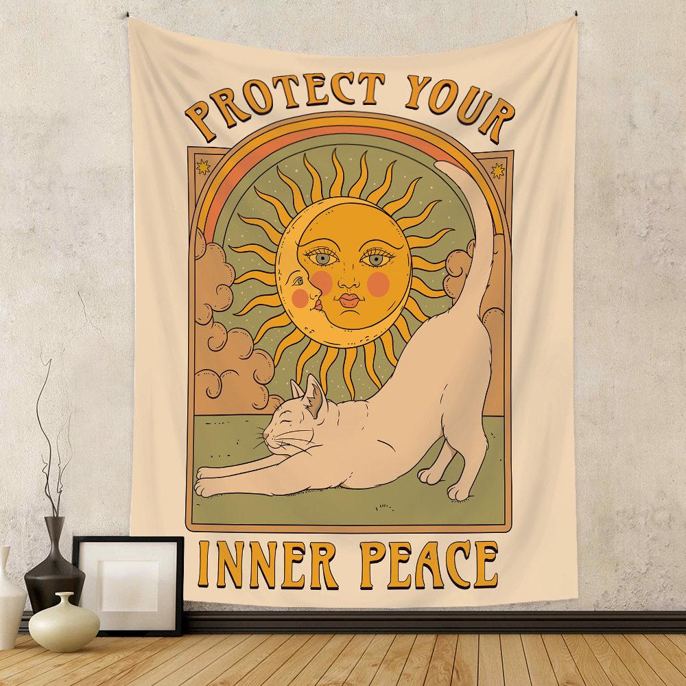 Vintage Tarot Cat Bohemian Wall Tapestry for Bedroom Decor Artwork Cat Tarot Vintage Boho Style Hanging Tapestry