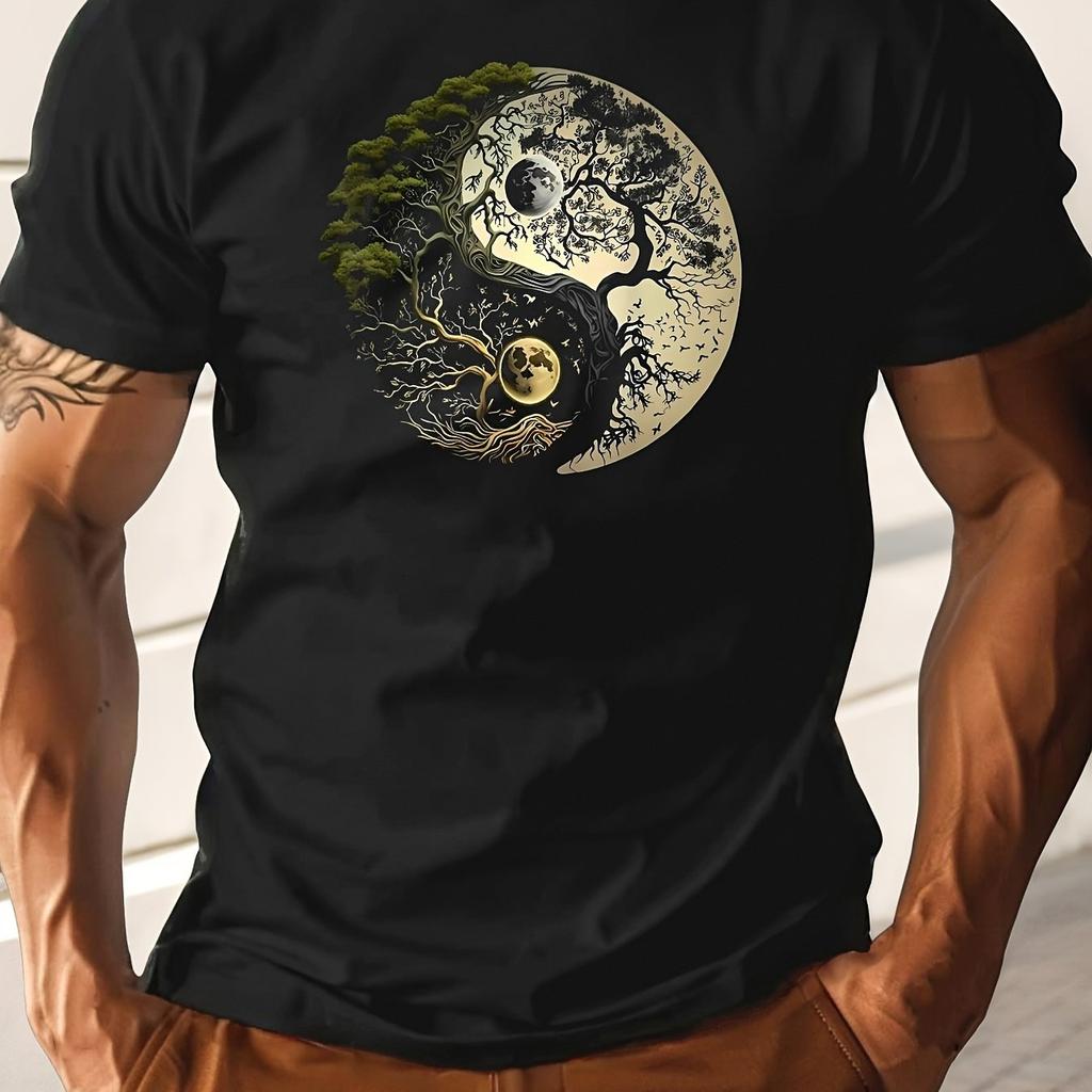 Men's summer casual loose sports yin-yang tree pattern print round neck short sleeved T-shirt top