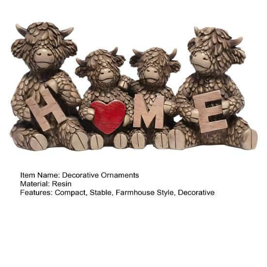 Decorative Accents for Bookshelf Highland Cow Family Figurine, Resin Cattle Statue Holding HOME Letter Sign, Stable Table Decoration Farmhouse