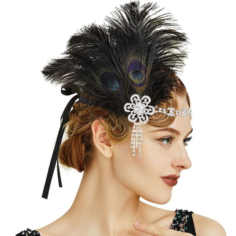 1920s Fashion Feather Hair Band Metal Base Rhinestones Hair Decoration for Durability Perfect for Masquerades Balls