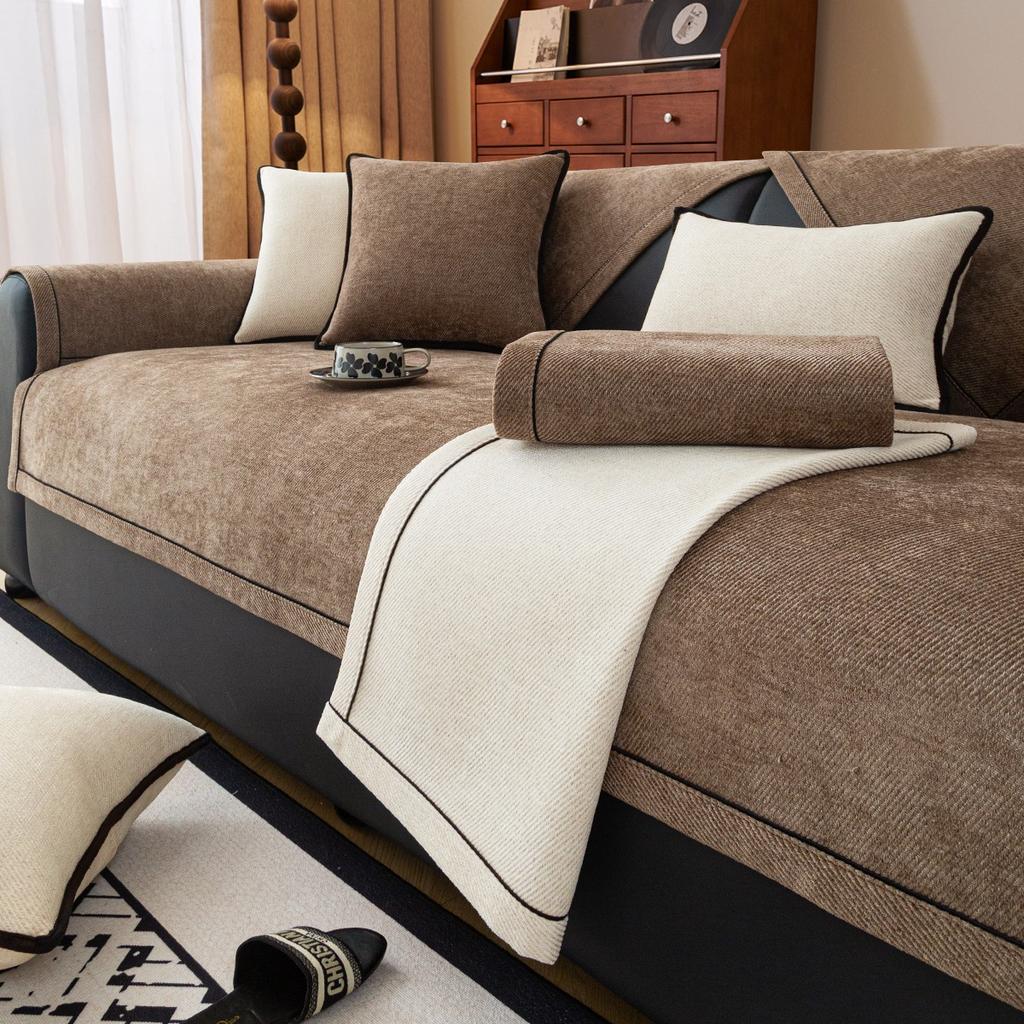 Classic Wider Binding Twill Chenille Sofa Slipcover Universal Fit Non-Slip, Pet-Friendly Couch Cover For All Seasons Yarn-Dyed