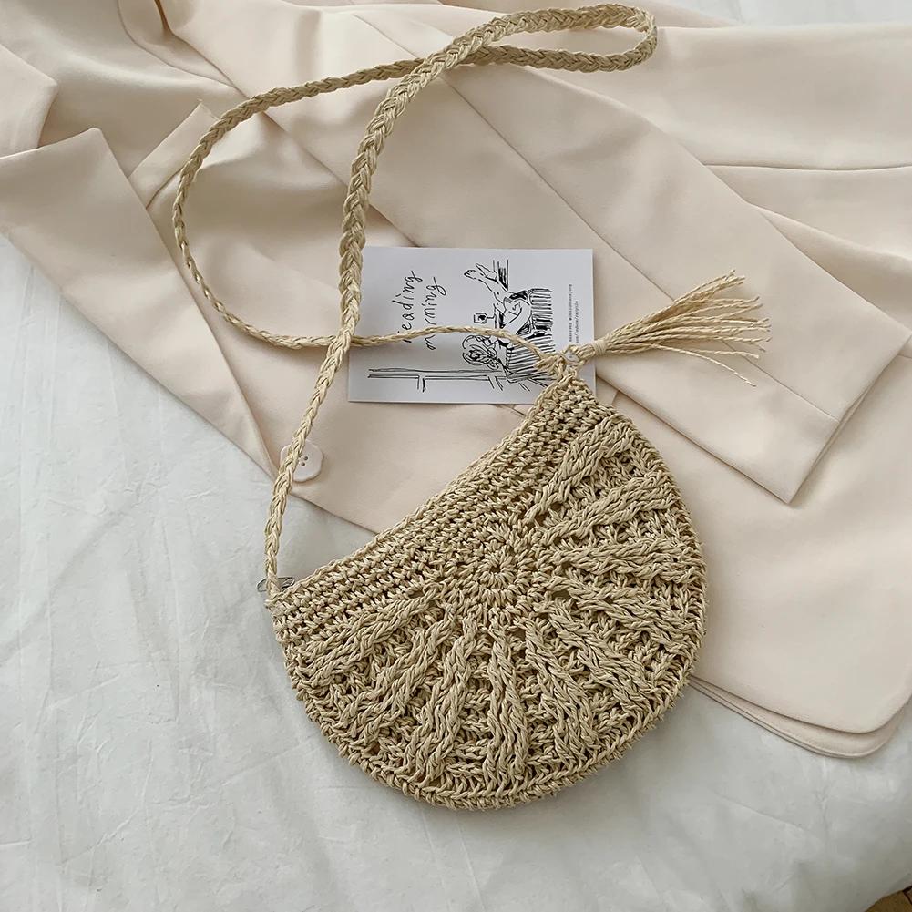 Women Handwoven Semicircle Tote Handbag Half-Moon Straw Rattan Fashion Shoulder Bag Summer Large Capacity Weaving Crossbody Bag