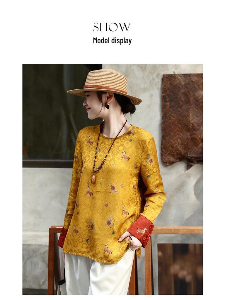 Golden Saddle Jacquard Silk Xiangyun Women's Round Neck Shirt - Spring 2026 Chinese Style Top