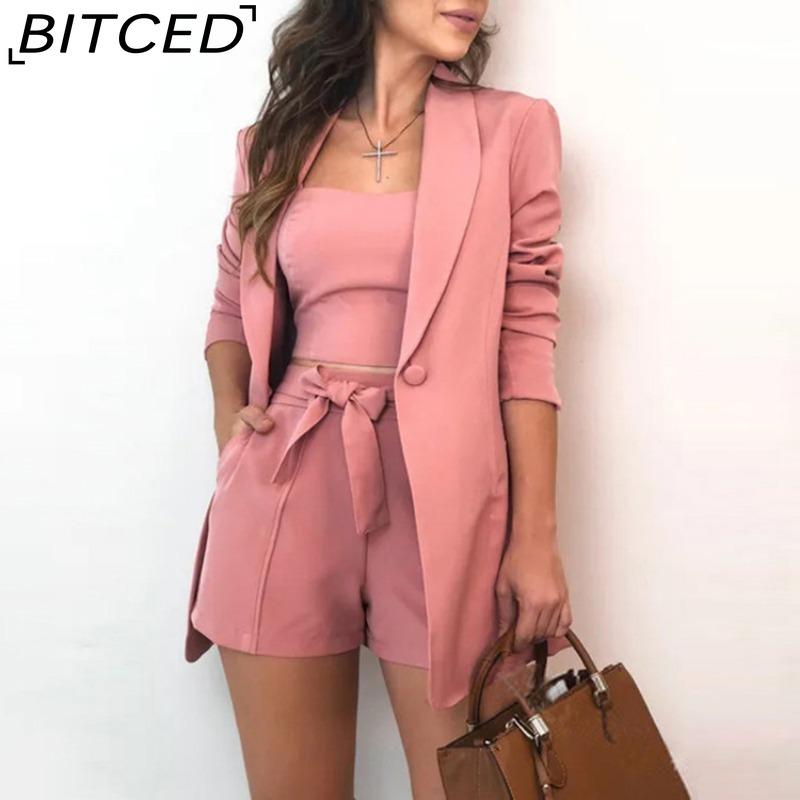 BITCED Spring Summer Solid-color Vest Suit Jacket, Elegant High-waisted Shorts Three-piece Women's Wear
