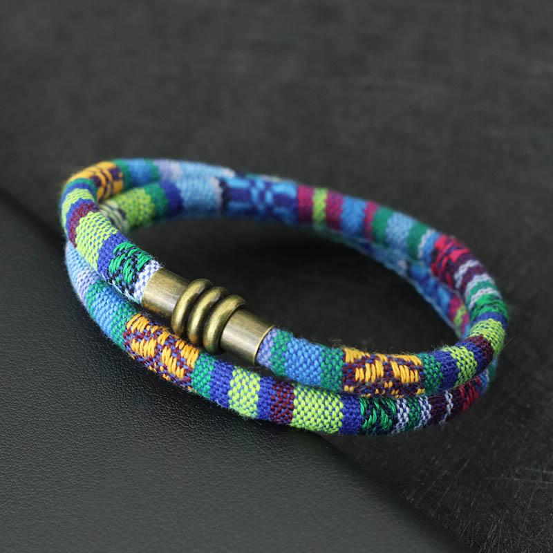 New Bohemia Cord Chain Bracelet Men Women 6mm Double Layer Tibetan Symbols Ethnic Braclet Magentic Clasp Fabric Braslet Pulseria