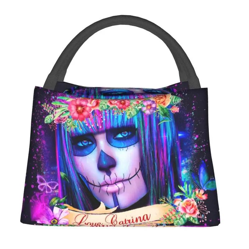 Day Of The Dead Kitten Cat Sugar Skull Thermal Insulated Lunch Bags Women Mexican Halloween Floral Lunch Container for Food Box