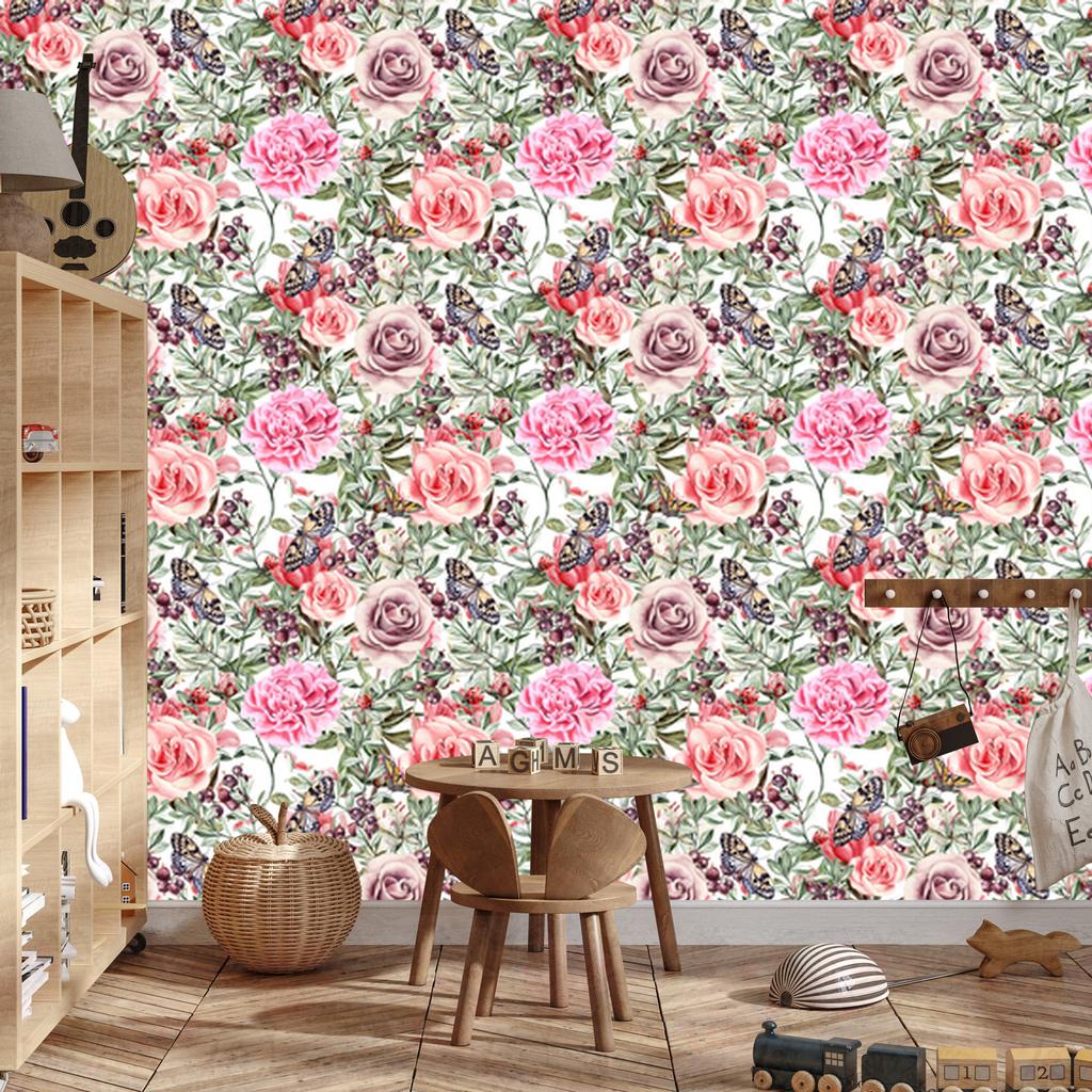 Wallpaper Colorful Roses, Peonies and Watercolor for Living Room and Bedroom 50x1000