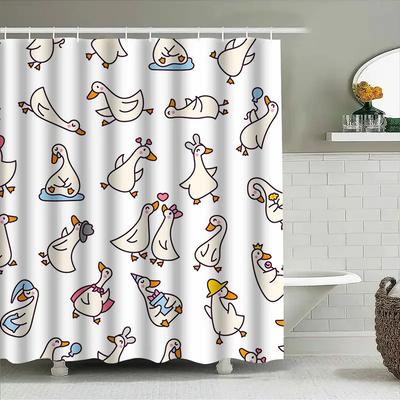 Vibrant Duck Family Cartoon Shower Curtain for Bathroom Decor White and Multicolored Design with Hook Rings Set Included.