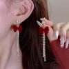 Fashion Atmospheric Red Velvet Bow Earrings Femininity Sweet Flower Long Fringed Versatile Earrings