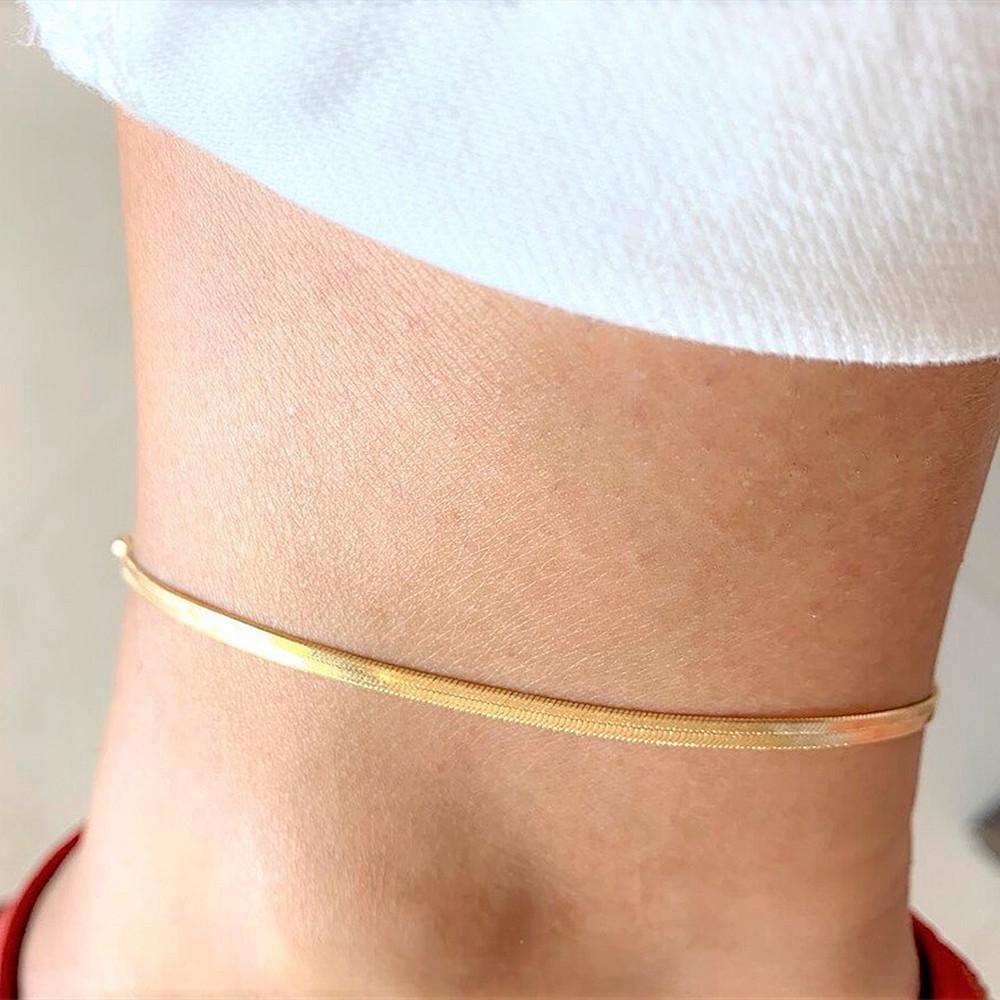 Trendy round beaded chain anklet, multi-layer flat snake bone chain, evil eye sequined foot decoration