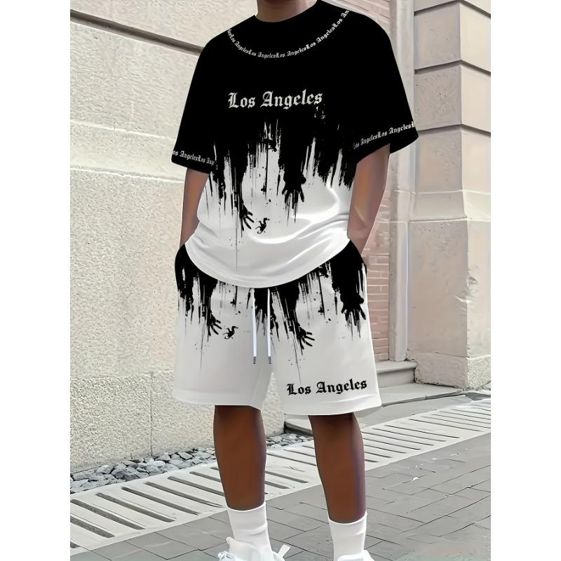 2-piece New Casual Los Angeles Letter Printed Men's Short Sleeved+shorts 3D Set