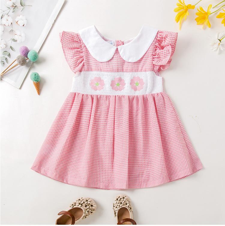 Girls Summer Cotton Princess Dress With Smocked Embroidery And Plaid Pattern Sweet Children Party Dress 80cm розовый