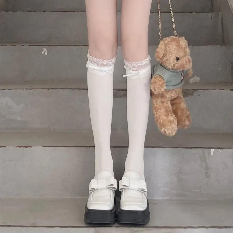 Women Lolita Lace-edge Bow Velvet Stockings Mid Leg Socks Thin Breathable Soft Cute College Style Kawaii JK Knee High Calf Socks