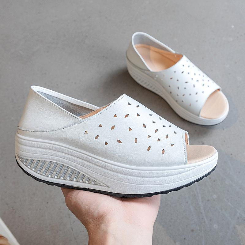 Genuine Leather Women's Sandals 2024 Summer New Platform Wedges Ladies Shoes Hollow Out Breathable Women Sandals Slippers