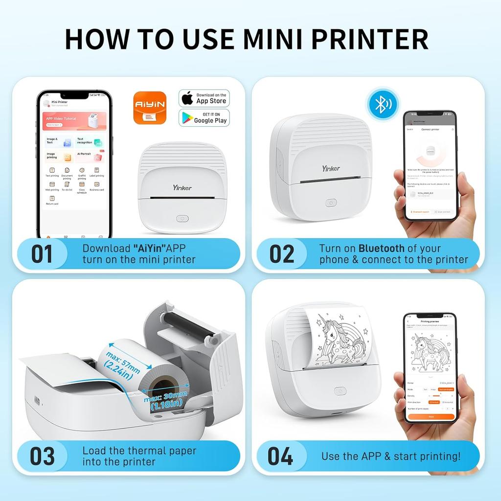 Mini Sticker Printer, Portable Thermal Inkless Printer with Auto-Calibration, Bluetooth Compact Label Maker with 7 Rolls (3 Paper Types) & 6 Colored