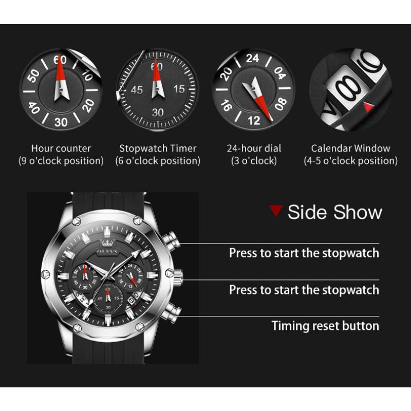 OLEVS Ceas sport cu cuarț pentru bărbați, 45 mm, cadran mare, cronograf, ceas de mână pentru bărbați, impermeabil, luminos, curea din silicon
