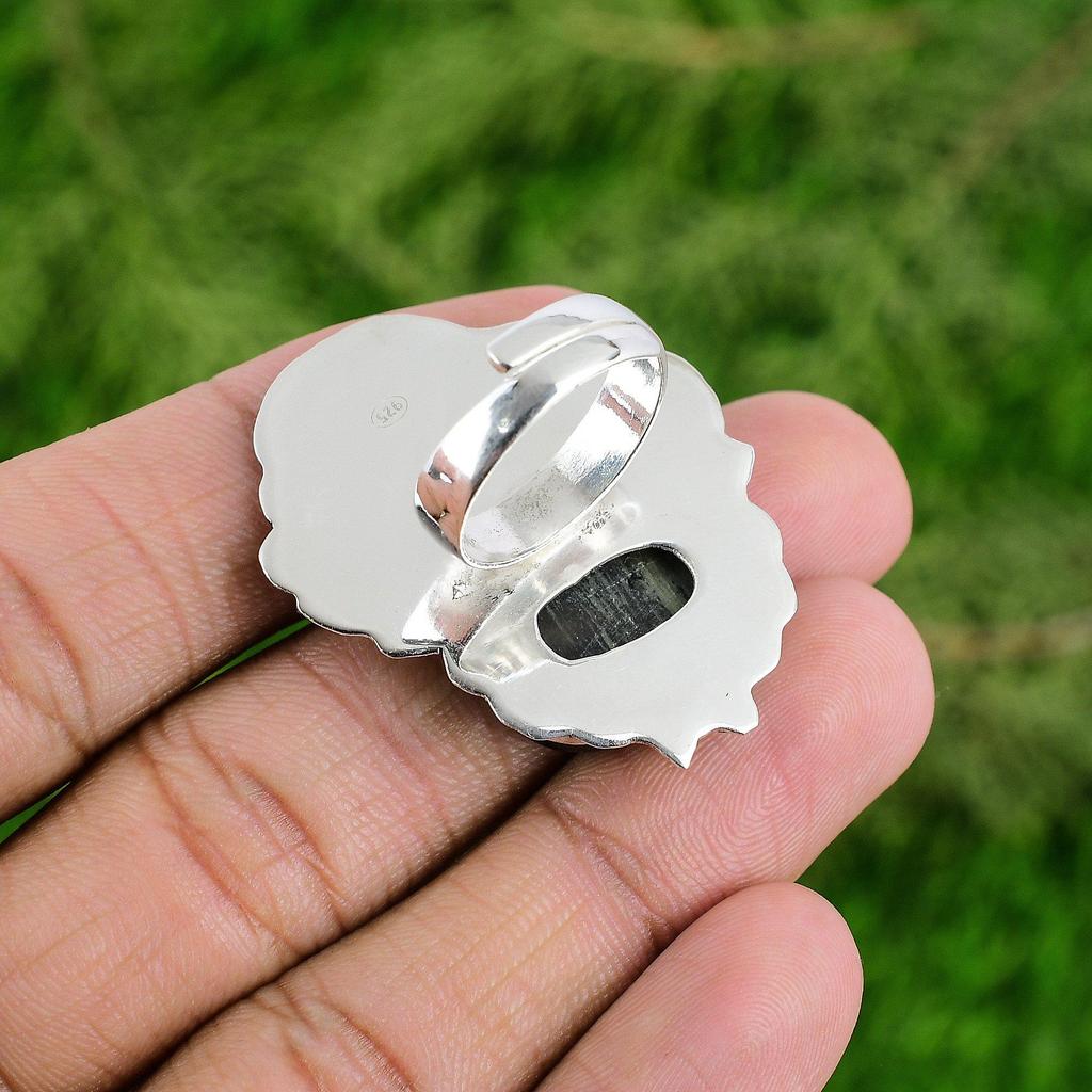 925 Sterling Silver Natural Silver Leaf Jasper Promise Mother Boho Ring Jewelry