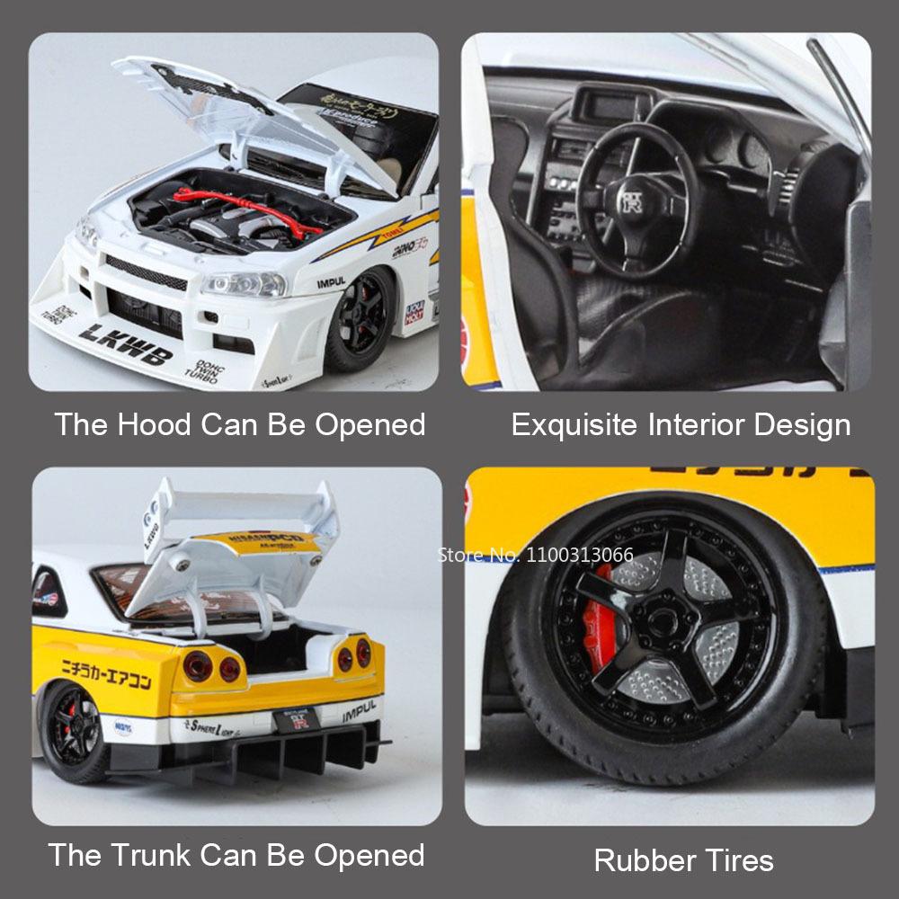 1:24 Metal SKYLINE GTR Models Cars Toys Alloy Diecast 4 Doors Opened Sports Car with Light Sound Vehicles Toy for Kids Gifts