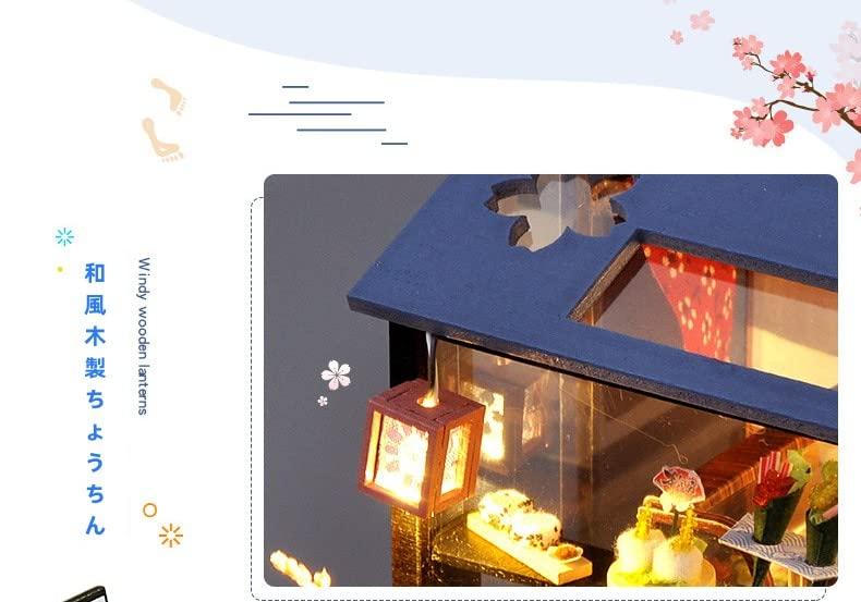 DIY Wooden Dollhouse Miniature House Sushi Restaurant Handmade Kit Set for Japanese Style Miniature Collection Kit Dollhouse with LED Lights
