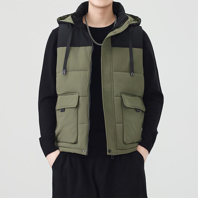 Men's Contrast Color Hooded Zipper Cardigan Pocket Fashion Loose Casual Jacket Vest Top