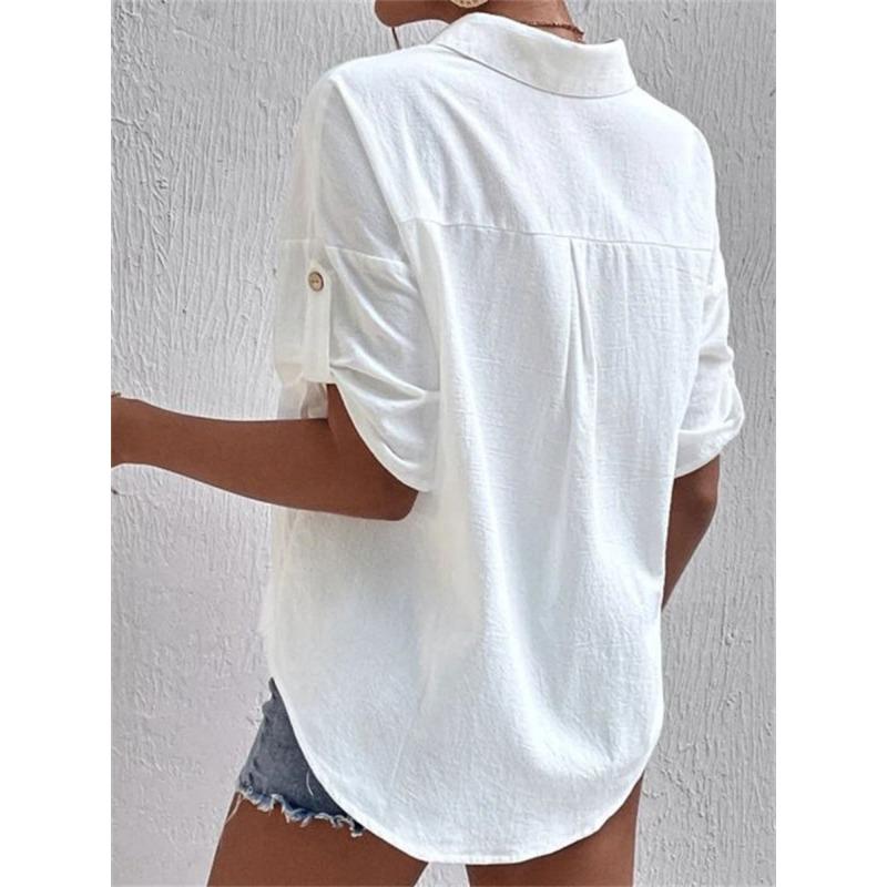 Women's Summer Shirt Short-sleeved Pocket Lapel Mid-length Cotton and Linen Shirt