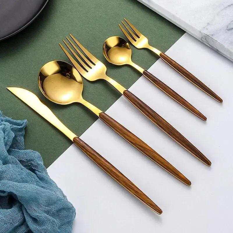 5Pcs/Set Sliver Gold Cutlery Set Wooden Handle Stainless Steel Knife Fork Spoon Candlelight Dinner Knife Fork Spoon Tableware