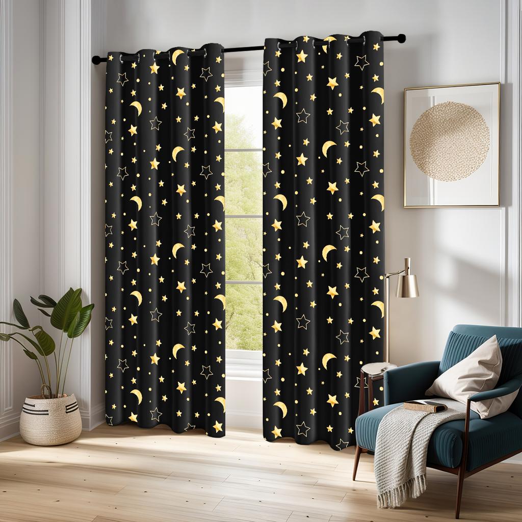 1Pc Modern 100% Blackout Curtain Grommet Top   Big Star And Moon Pattern Window Curtains For Living Room Bedroom   Home Decor
