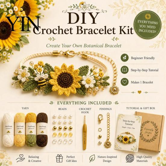 Forest Style Jewelry Crafting DIY Crochet Bracelet Kit, Flower Craft Set with Beads, Creative Hobbies for Relaxation Floral Making Kit Beginners,