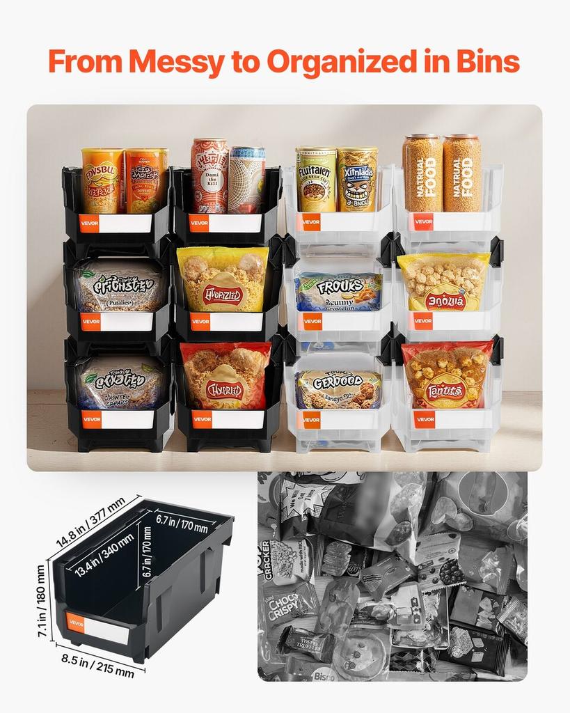Plastic Stackable Storage Bins, 37.7 X 21.5 X 18 Cm (12 Pack), Plastic Containers for Organizing & Storage Bins for Garage, Small Parts, Office