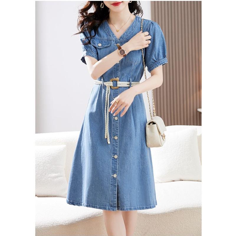 Summer Slim Fit Denim Dress Casual Short Sleeve Waist Tie Womens Fashion Lightweight and Comfortable Stylish Outfit