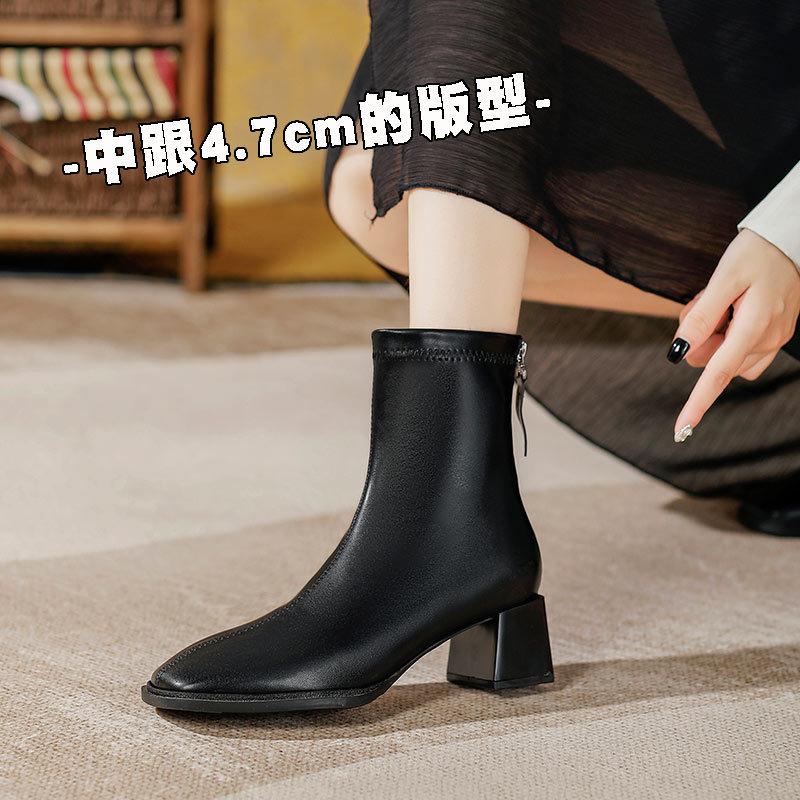 Wow custom~ high heel short boots thick heel fashion boots soft leather spring and autumn single boots square head thin boots