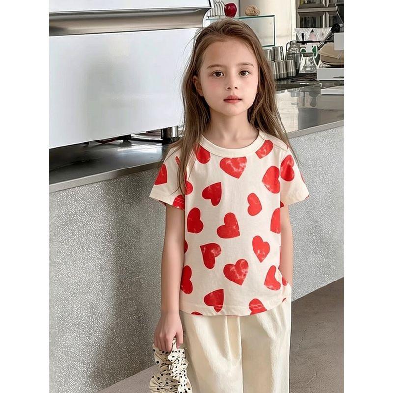 Brand Foreign Trade Children's Clothing Short-Sleeve Pure Cotton Heart-Printed Round-Neck T-Shirt Baby Clothes for Girls 2026 Summer