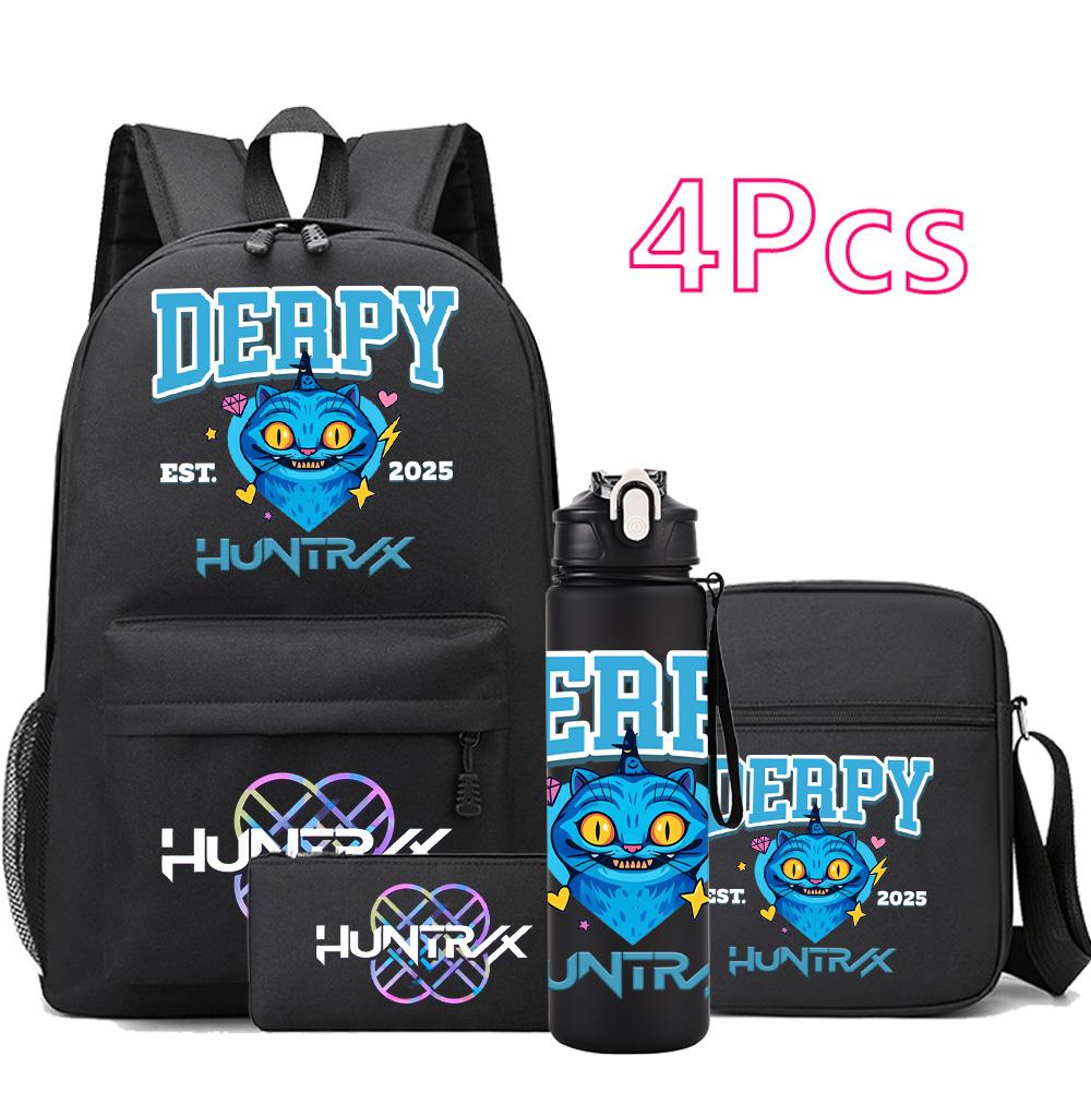 4Pcs/set Anime K-Pop Demon Hunters Printed Backpack Bookbag Shoulder Bag Case Bag with 750Ml Water Bottler for Boy Girl Large Capacity Schoolbag
