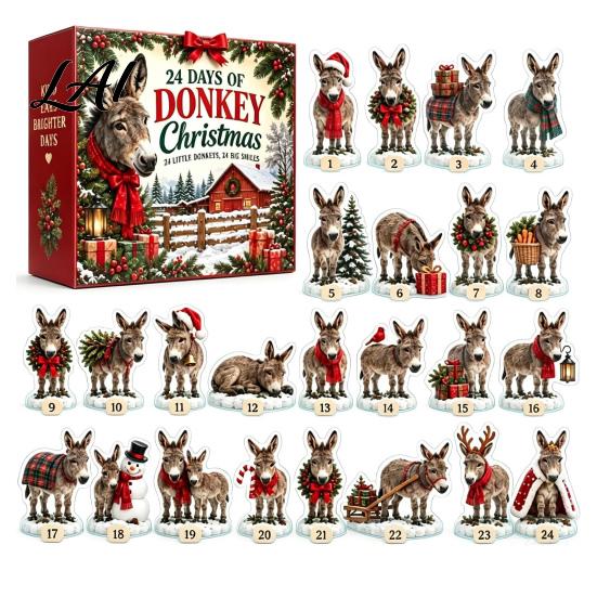 Feiertags-Countdown Überraschungs-Esel Weihnachtlicher Adventskalender 24 Stück Acryl-Schmucksammlung Regal-Display mit festlichen Outfits Tischdekoration Geschenk gray