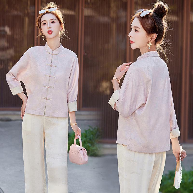 

Women s 2025 Spring/Summer Reversible Jacquard Frog Button Top with Stand Collar XL 60-65 kg розовый