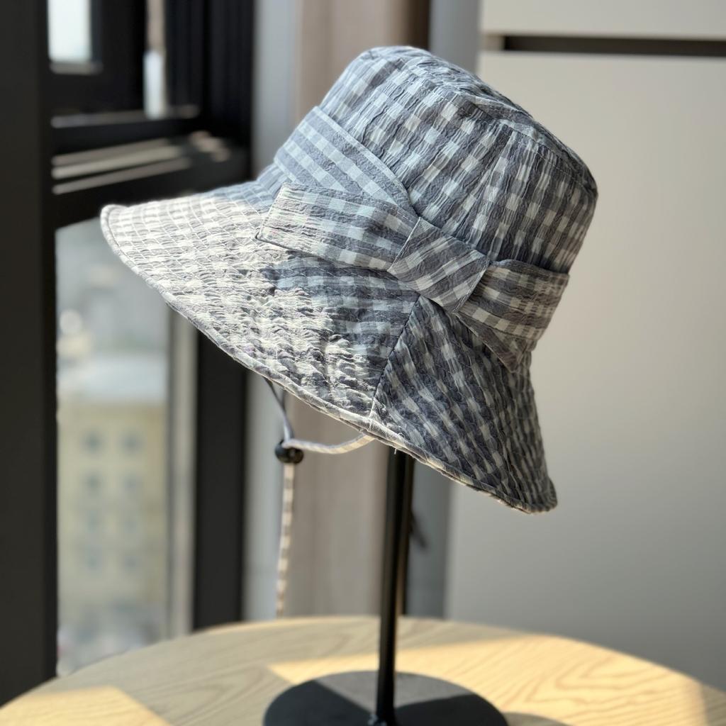 New Korean-style plaid fisherman hat for women, spring and summer, large brim, makes the face look smaller, floral pattern, sun protection hat