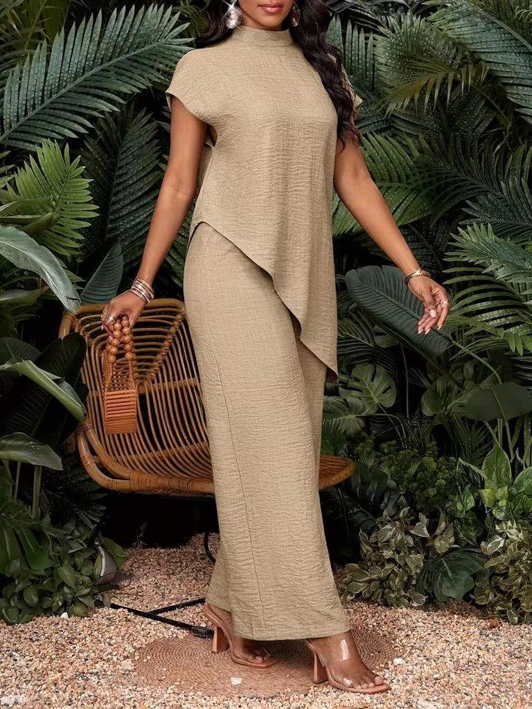 Women's Casual Asymmetrical Hem Two-Piece Set: Solid Color Top and Pants