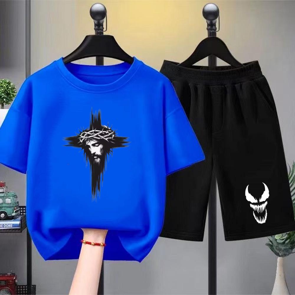 Hip Fashion Hop Trend Street Art Print Summer T-shirt+shorts Boy Black Girl Sets T-shirt kids Tops Casual Tees round neck-Neck