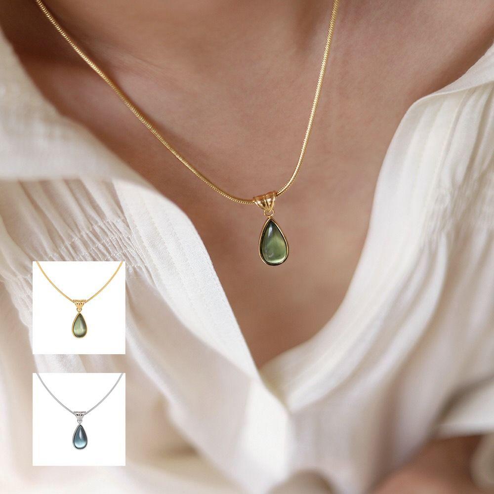 

Titanium Water Drop Neck Chain Olive-green French Vintage Necklace Unisex серебряный
