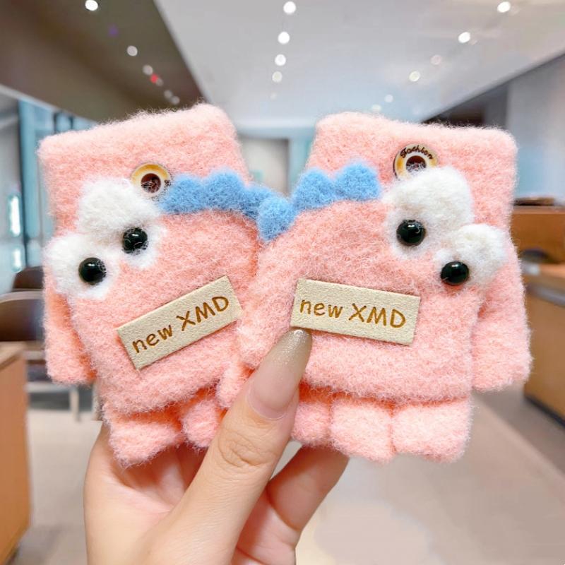 

Мультяшные осенне-зимние перчатки, морозостойкие, ветрозащитные, для малышей и детей, перчатки с откидной частью на полпальца, утолщенные грелки для рук розовый