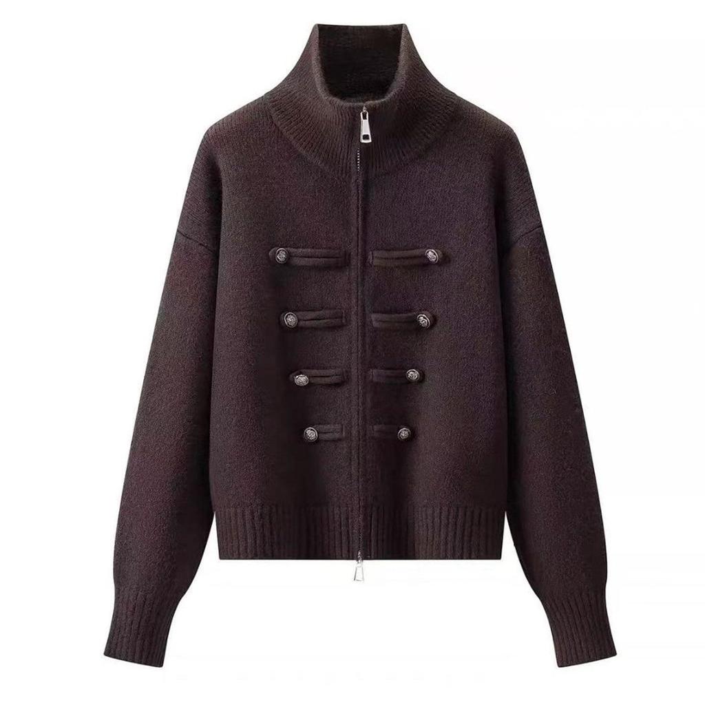 2026 Retro Chinese Style Frog Button Zipper Knit Cardigan - Women's Autumn/Winter Versatile Half-High Collar